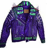 Purple Green Studded Leather Jacket Men's Brando Belted Collar Waist Belted Jacket Motorbike, men Purple Studs Spikes Genuine Leather Jacket